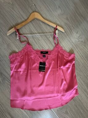 Plus Size Hot Pink Satin Lace-Trim Cami